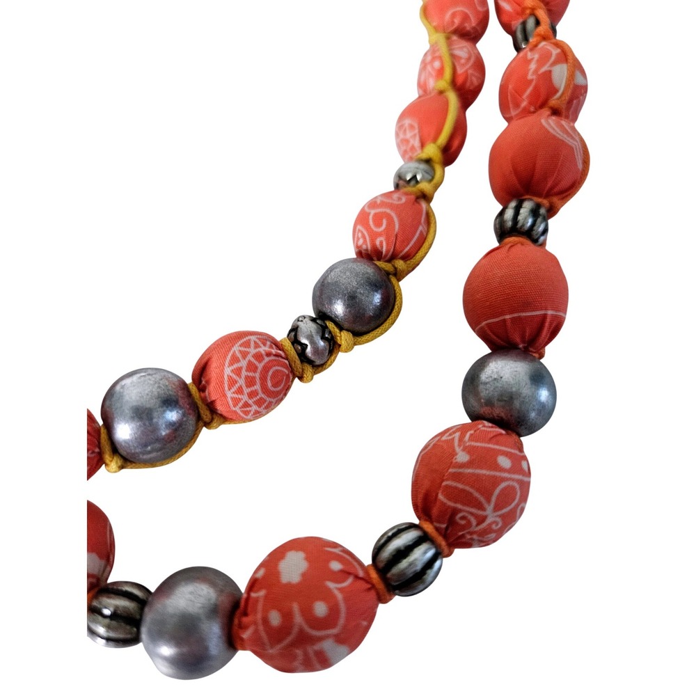 Vintage Coldwater Creek Orange Fabric Wrapped Bead Necklace Silver Boho‎ 90s - Picture 2 of 3